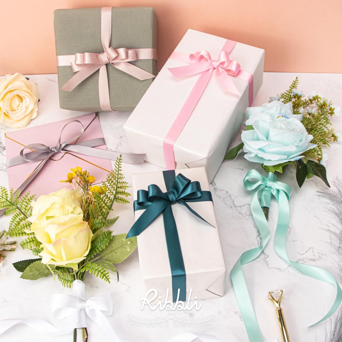 Ribbli Silver Satin Ribbon 5/8 inch x Continuous 25 Yards,Double Faced Satin Use for Craft, Gift Wrapping, Christmas Ornaments, Hair Bows, Bouquet Bows