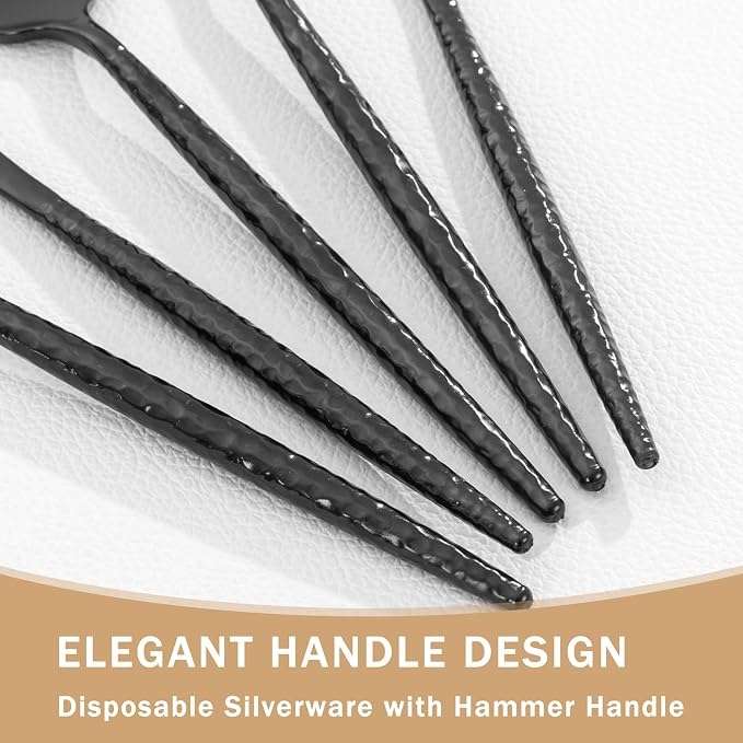 Supernal 360Pcs Hammered Black Plastic Silverware Heavy Duty Party Utensils | Extra Premium Disposable Cutlery Black Utensils Set Classy for upscale banquets Halloween Thanksgiving Christmas