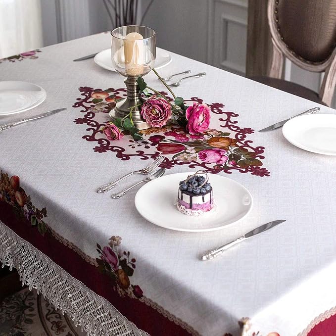 ARTABLE Lace Spring Table Cloth Rectangle Fall Antique Flower Decor Macrame Tablecloth for Outdoor Farmhouse Rustic Kitchen Party Birthday Picnic (Burgundy, 60 x 120 Inch)