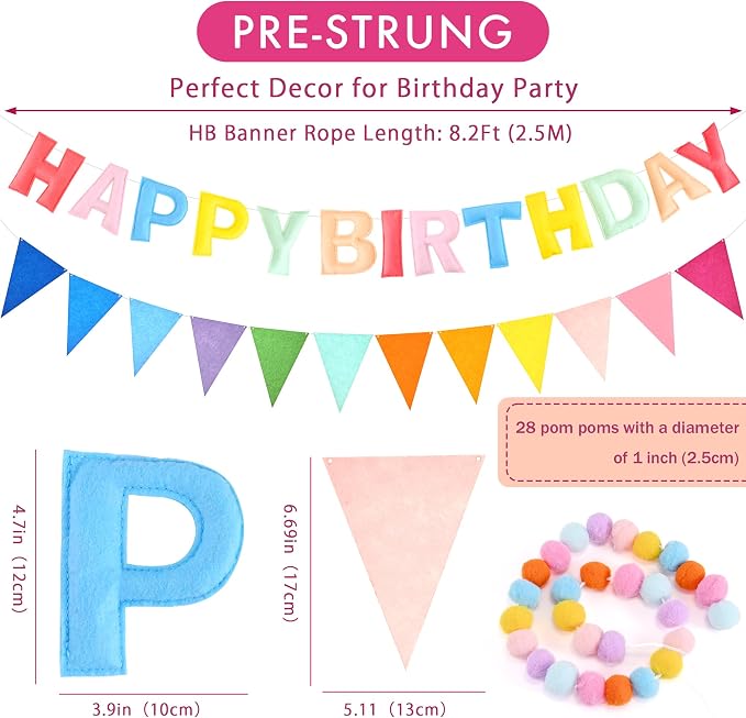 CANREVEL Pre-Strung 3D Rainbow Happy Birthday Banner, 3 PCS Happy Birthday Felt Sign, Pom Pom Garland, Triangle Fabric Bunting, Colorful Reusable Birthday Decorations for Women Men Girls Boys, Pink