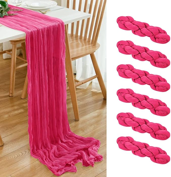 6 Pack Hot Pink 10Ft Cheesecloth Table Runner 21x120 Inch Boho Wrinkled Sheer Romantic Gauze Decor for Wedding, Bridal Shower, Birthday Party