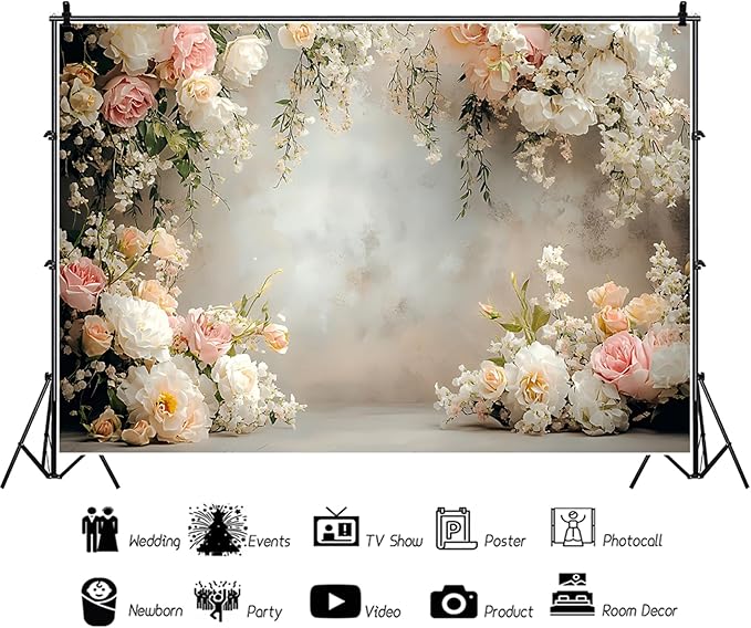 Baocicco 12x8ft Vinyl Flowers Wall Photography Backdrop Vinatage Wall White Pink Floral European Style Background Outdoor Wedding Birthday Party Banner Supplies Garden Home Decor Studio Props
