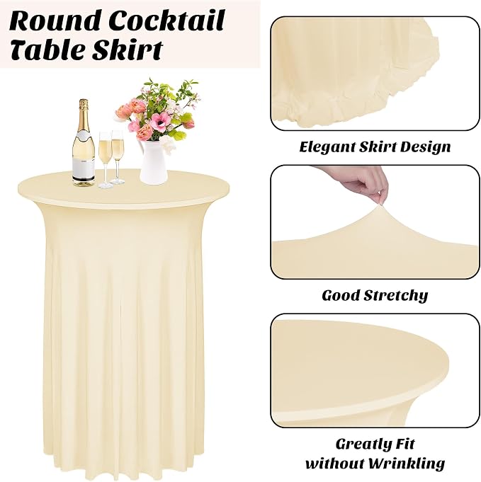 Kochorie 4 Pieces Cocktail Table Skirt Round Cocktail Table Covers 32 x 43 Inch Spandex Stretch High Top Table Cloth for Wedding Table Bar Banquet Party Supplies (Champagne)