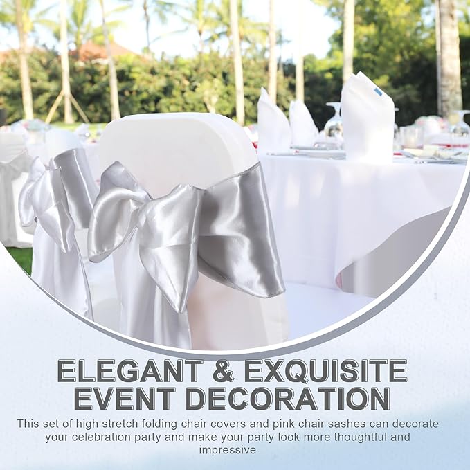 Lounsweer 50 Pcs Folding Chair Cover Set with 25 Stretch Spandex Slipcovers 25 Satin Chair Sashes Bows Ribbon Washable Banquet Protector for Wedding Event Party(White, Silver)