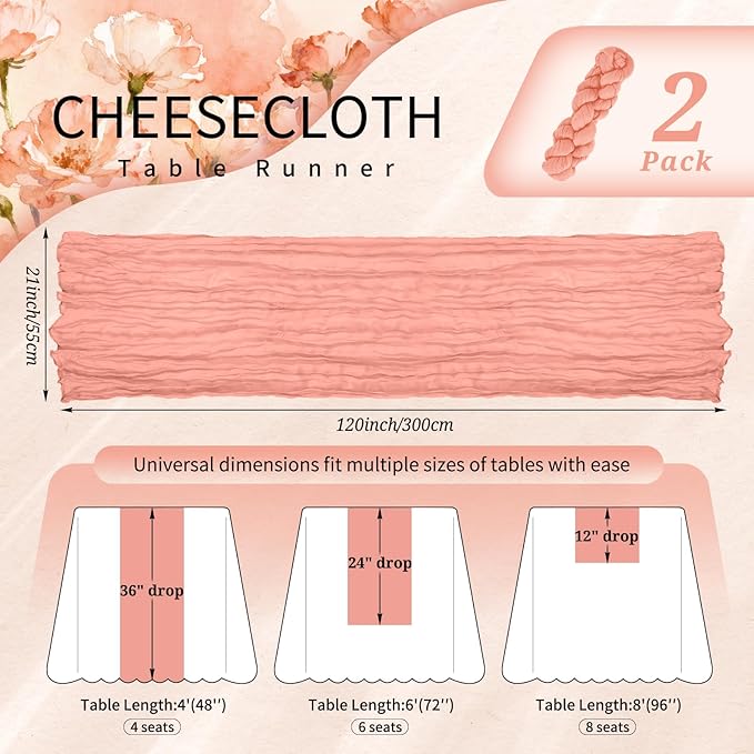 2 Pack Cheesecloth Table Runner 10FT Coral Table Runner Boho Gauze Cheese Cloth Table Runners Long Rustic Sheer Table Decorations for Wedding Party Baby Bridal Shower Birthday Holiday Home