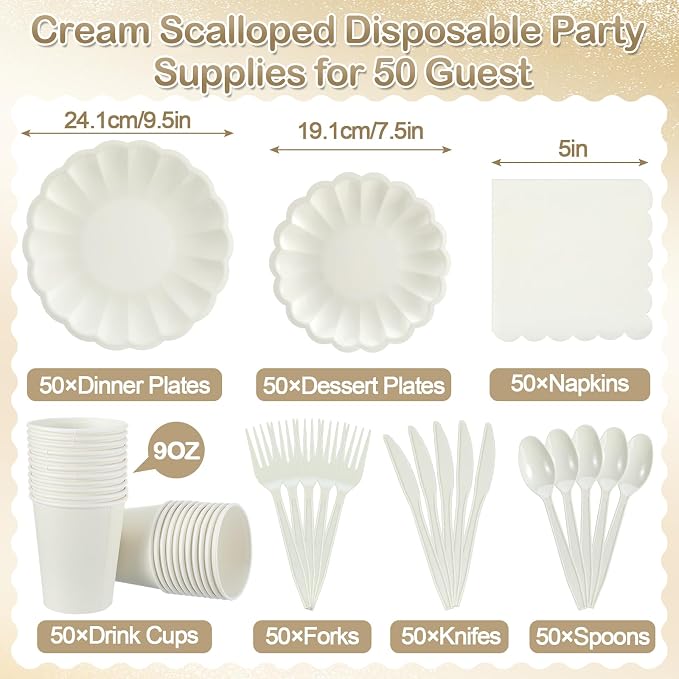 Newtay 350 Pcs Ivory Scalloped Paper Plates and Napkins Party Supplies for 50 Guests Cream White Disposable Plastic Tableware Cups Spoons Forks Knives for Wedding Baby Shower Picnic Birthday Party