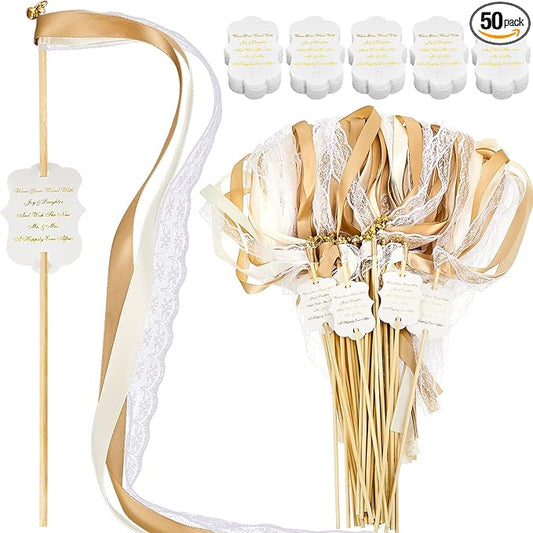 Taiyin 100 Pieces Ribbon Stick Wands with Lace Bells and Wedding Send Off Tags Wedding Gold Fairy Wand Streamer for Bridal Shower Party Holiday Celebration (Beige,Light Brown)