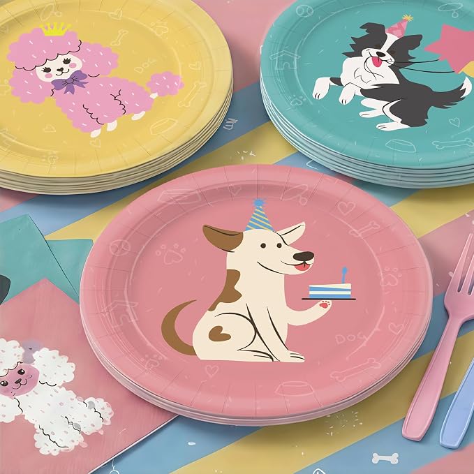 203pcs Retro Puppy Party Decorations Plates Napkins Pet Dog Birthday Party Supplies Retro Puppy Paper Cups Balloon Banner Hanging Swirls Tablecloths for Disposable Dog Birthday Tableware Set Serve 24