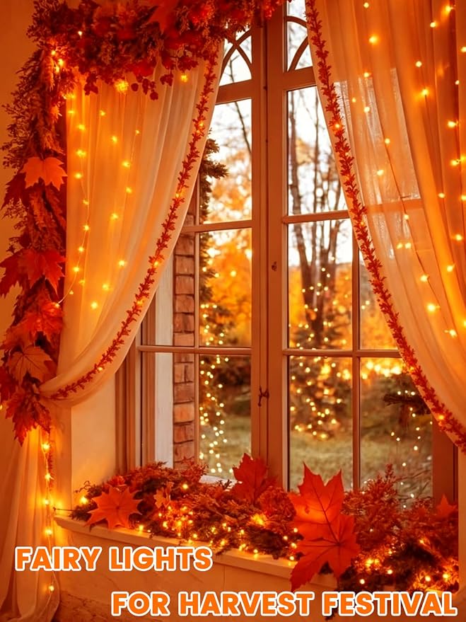4 Pack 20FT 60LED Battery Operated Fairy Fall Lights with Timer, Waterproof Battery String Lights Outdoor Indoor, Battery Twinkle Lights for Bedroom Thanksgiving Day Party Halloween (Orange)