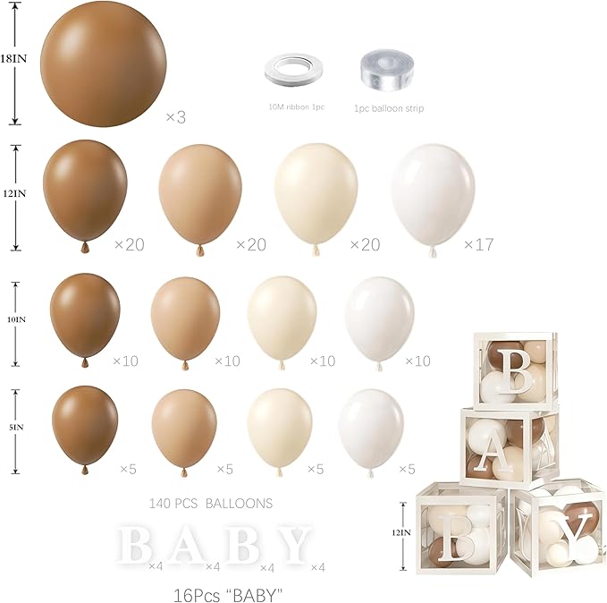 140Pcs Coffee Brown Baby Shower Decorations - Neutral Balloon Arch Garland Kit with 4 Baby Boxes - Mocha Beige Sand Nude Balloons for Teddy Bear Theme, A Baby Is Brewing, Gender Reveal Party