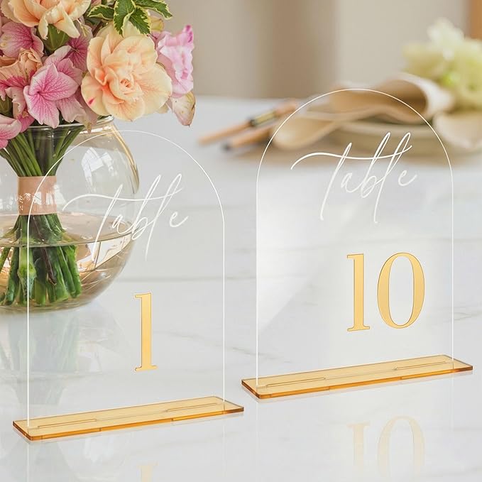 Arched Wedding Table Numbers 1-10 with Stands 5.5 x 7” Gold Number Clear Acrylic Table Numbers Signs for Wedding Reception, Anniversary, Event, Party(1-10)