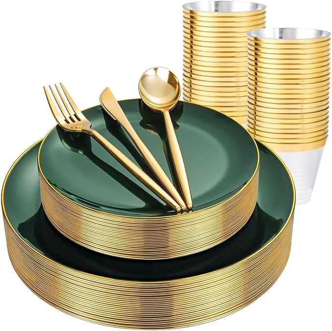 bUCLA 150PCS Green Plastic Plates - Green and Gold Disposable Include 25 Each (Dinner & Dessert) Plates, 25 Knives, 25 Forks, 25 Spoons and 25 Cups, Ideal for Party&Christmas