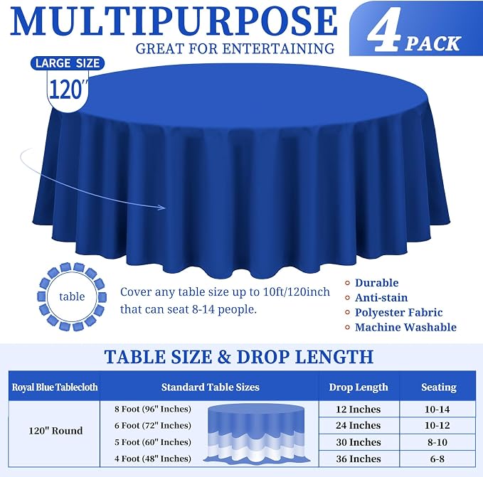 Showgeous 4 Pack Royal Blue Round Tablecloth - 120 Inch Polyester Table Cloth - Washable Decorative Fabric Table Covers for Wedding, Dining, Party, Banquet