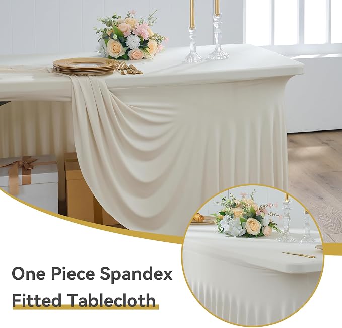 Outpain Beige Spandex Table Clothes for 6 Foot Rectangle Tables-6Pack 6FT Spandex Fitted Table Cover, Wrinkle Free Tablecloths with Skirt for Parties, Wedding, Birthday, Banquet, Festival