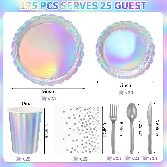 175 Pcs Iridescent Party Plates and Napkins, Iridescent Party Decorations Include Scalloped Holographic Paper Plates and Napkins Set for Birthday, Mermaid, Disco, Frozen