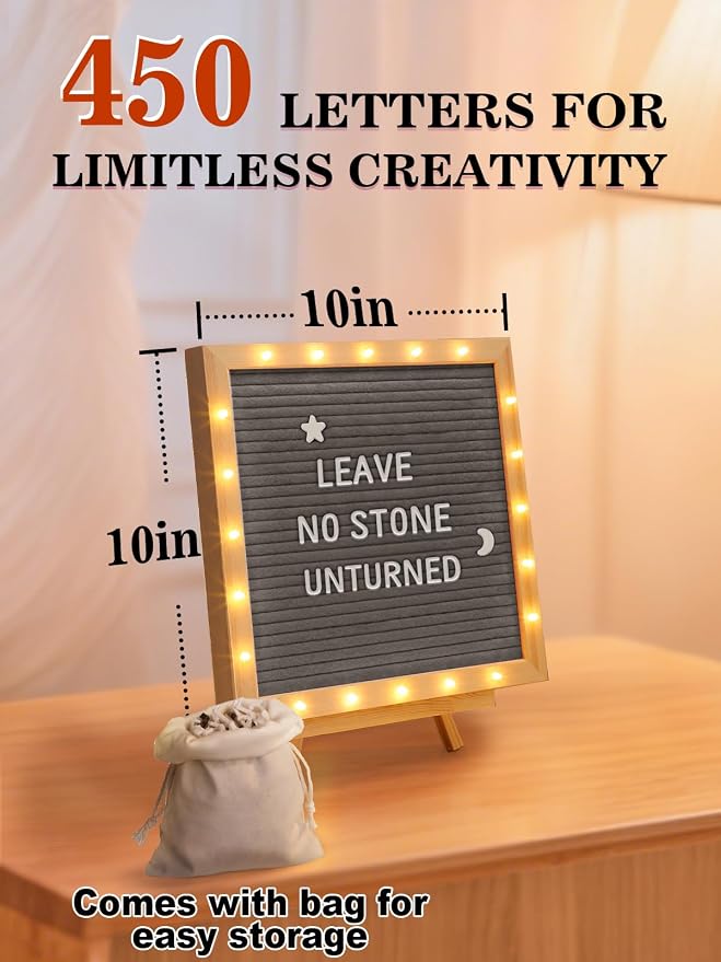 Changeable Felt Letter Board with LED Lights - 10×10" Message Custom Signs & Wood Stand & 450 Letters, Poster Board for Baby/Pregnancy Announcement/Classroom Wall Decor Gifts First Day of School, Grey