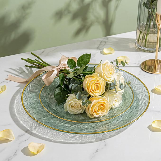 Festiva 60PCS Clear Sage Green Plastic Plates - Heavy Duty Fancy Disposable Plates With Gold Rim -30PCS 10.25" & 30PCS 7.5" Honeycomb Design Plates for Party(Sage Green)