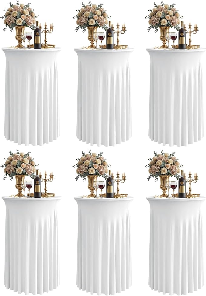 KeyWave Cocktail Table Tablecloth with Skirts - 24x43 Inch Wavy Spandex High Top Cocktail Table Covers, Ruffle Drape Highboy Tablecloth Reusable for Party Wedding Cake Standing Table, White, 6 Pack