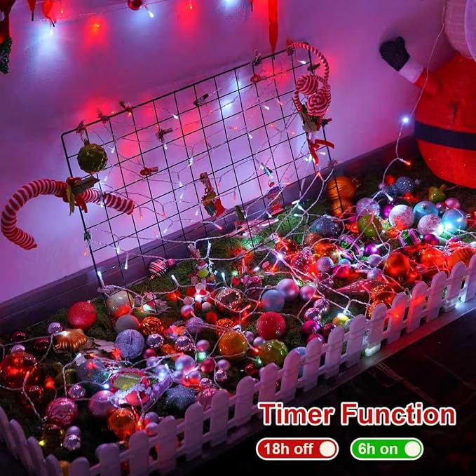 QITONG 2 Pack Battery Operated String Lights, Each 33ft 100 LED Red and White Christmas Lights Outdoor Waterproof, 8 Modes Clear Wire Twinkle Fairy Lights Indoor with Remote