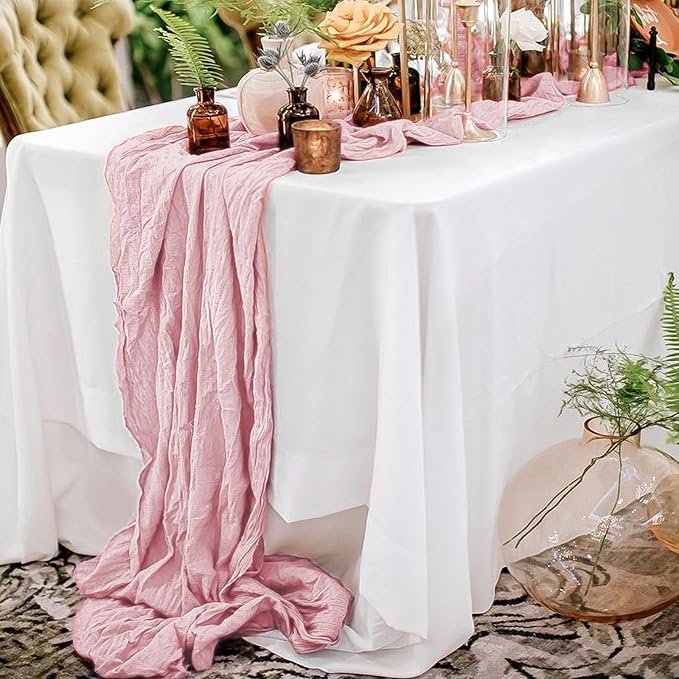 12 Pack Light Pink Table Runner, 10FT Cheesecloth Table Runner Long Romantic Semi Sheer Rustic Boho Gauze Table Runners for Wedding Bridal Shower Birthday Party Decorations(21.5×120 Inch)