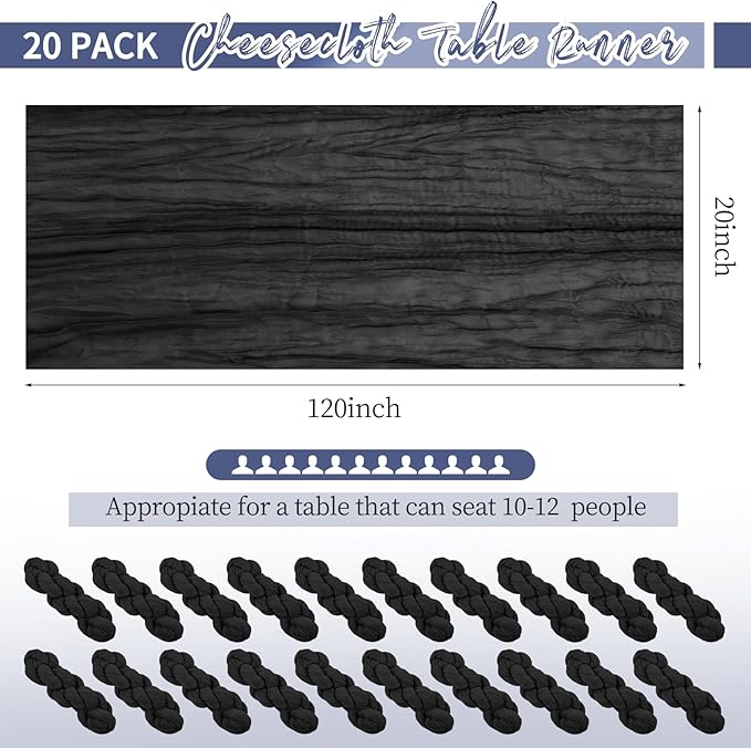 20 Pack Black Table Runner 10Ft Cheesecloth Table Runner Boho Long Cheese Cloth Table Runners Romantic Sheer Fabric Gauze Table Runners for Wedding Party Bridal Shower