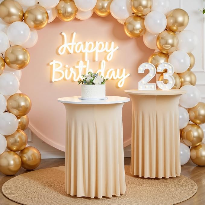 4 pk Champagne Cocktail Table Cloth Round 36×43in-High Top Highboy Bar Cocktail Tablecloths-Wrinkle Free Stretchy Fitted Spandex Table Covers with Ruffle Desk Skirt for Wedding Banquet Party Tables
