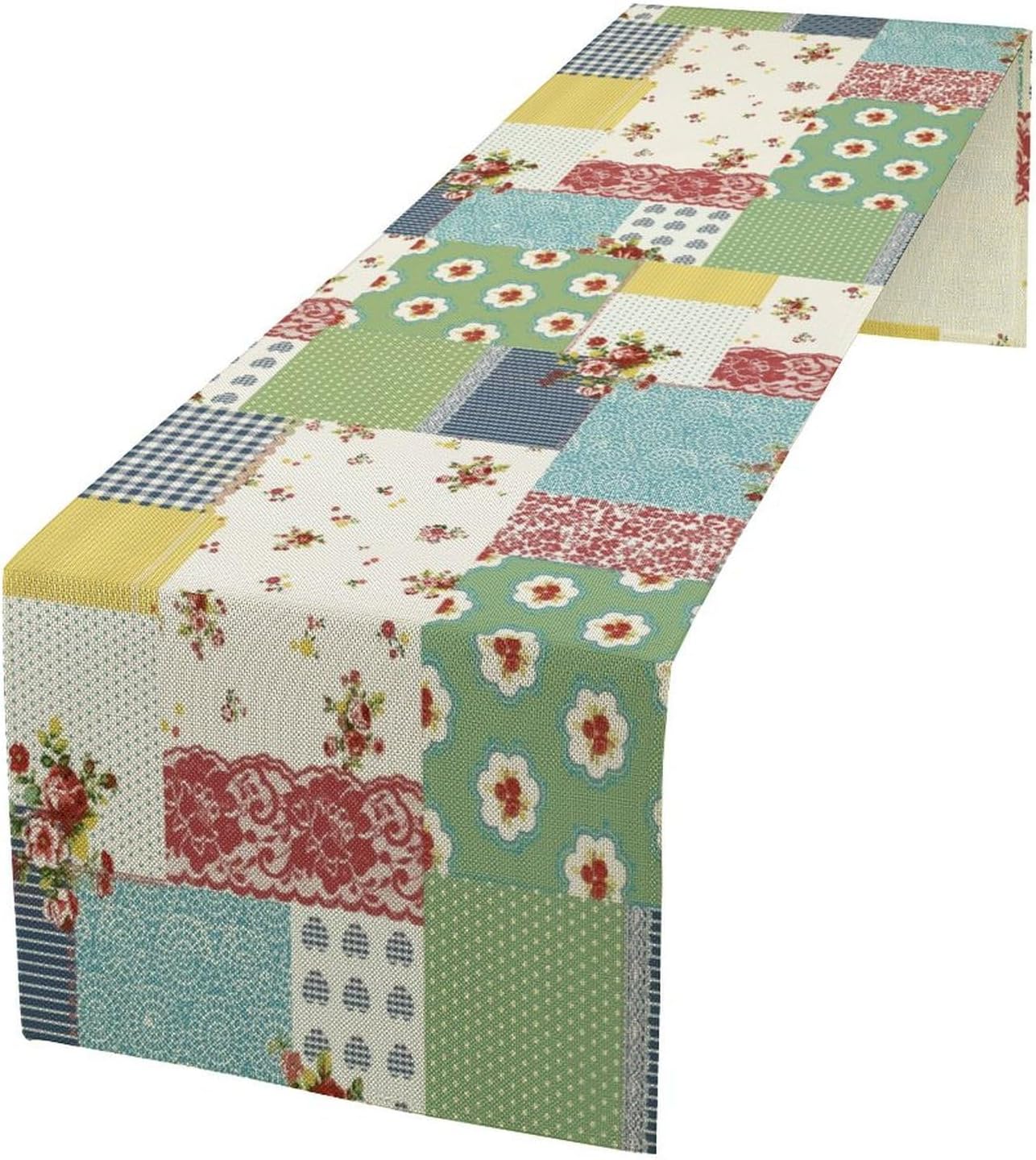 Patchwork Boho Table Runner,Vintage Colorful Floral Plaid Polka Dot Print Tablecloth Burlap for Hotel Indoors Outdoor Dining Room Kitchen Home Decor,W13X L36 in
