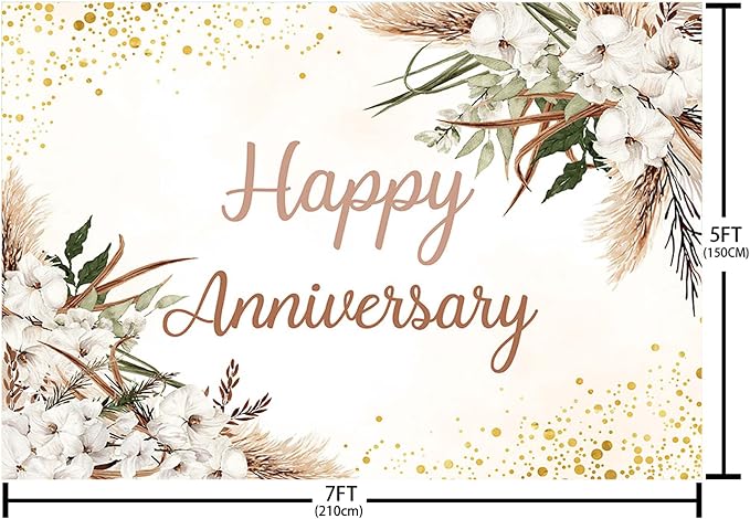 MEHOFOND Boho Happy Anniversary Backdrop White Floral Bohemia Pampas Grass Wedding Anniversary Party Decorations Memorial Portrait Photo Booth Background 7x5ft