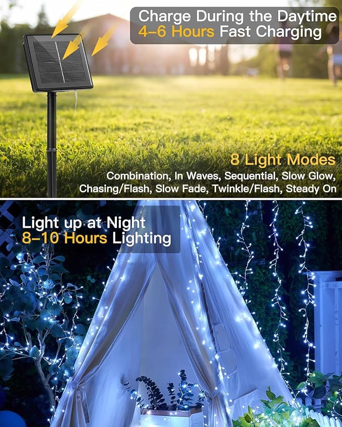 Brightown Solar Lights for Outside, 9.8Ft 120 LED Solar String Lights Outdoor Waterproof, 8 Modes Firecracker Balcony Light for Tree Patio Christmas Party Wedding Decor (Pure White)