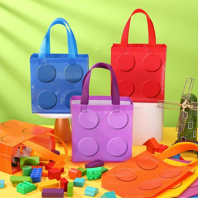 Sweetude 40 Pcs Building Blocks Brick Gift Party Favor Bags with Handle, Non Woven Goodie Bags Birthday Favor for Birthday Baby Shower Packaging Supplies