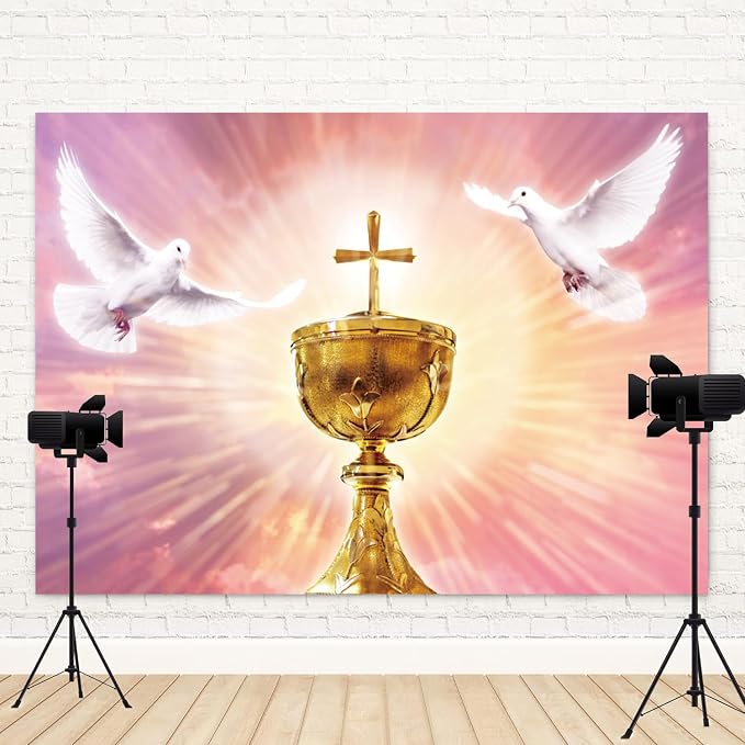 10x8ft Cross Backdrop Peace Dove Gold Chalice Photography Background Jesus Christ Easter Holy Spirit Bird Heaven Banner Decorations School Church Party Event Portrait Photo Booth Prop