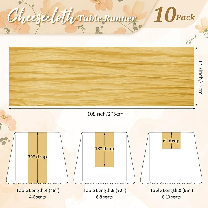 10 Pack Cheesecloth Table Runner Gold, Rustic Boho Gauze Fabric Table Runner Romantic Table Runner for Wedding, Festival, Birthday, Anniversary, Dinner and Outdoor Events (17.7 x 108 inch)