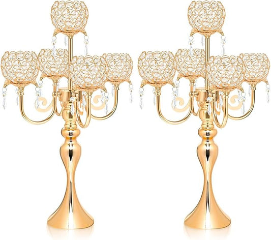 2 PCS Kehail Crystal Table Decoration Gold Candle Holder with Pendant, 5 Arm Candelabra Holder Beautiful Hollow Engraved Table Centerpiece for Christmas, Thanksgiving, Weddings, Holiday Parties