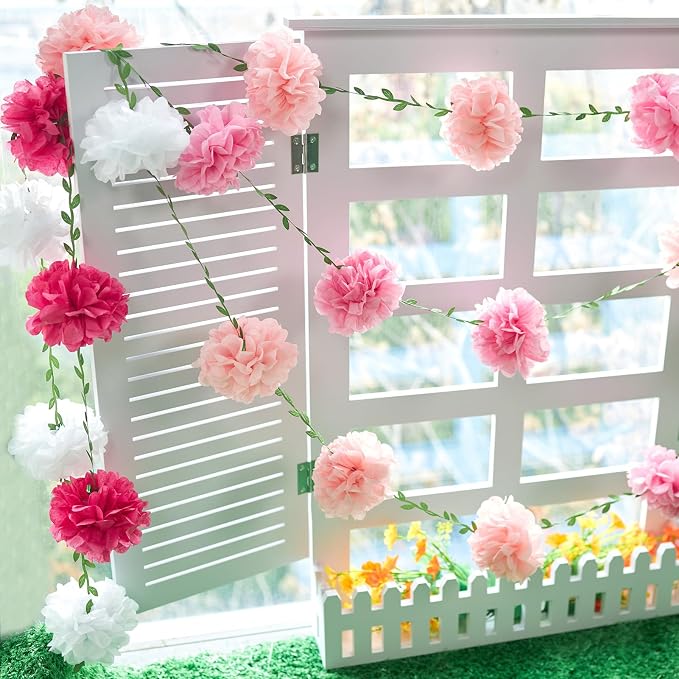 Gradient Pink Tissue Paper Pom Pom Garlands, Paper Flowers for Birthday Decorations, Baby Shower, Wedding Engagement, Bridal Shower, Spring Summer Party Decorations, 2 Pcs