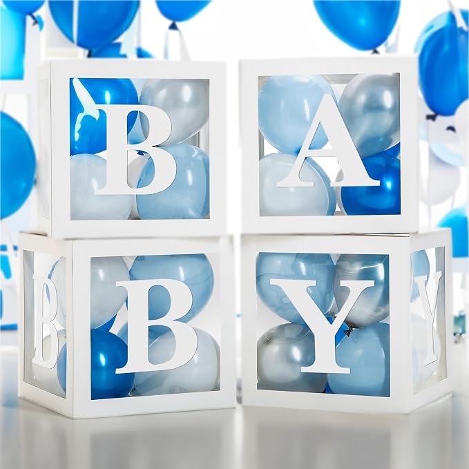 44-Piece Baby Shower Decorations for Boy or Girl - 4 Boxes with Letters and 32 Balloons - Classic White and Blue - Gender Reveal Party Supplies - Photo Shoot Backdrop Prop