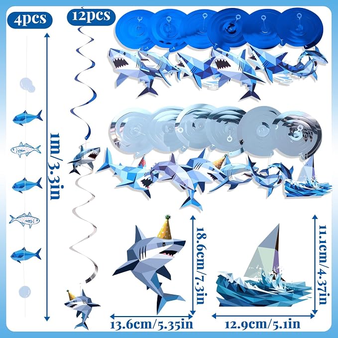 SUNBEAUTY Shark Birthday Party Decorations Shark Birthday Banner Ocean Theme Party Decoration Under The Sea Shark Garland Blue Ocean Swirls Hanging Wall Decor for Boys Baby Shower Beach Summer Party