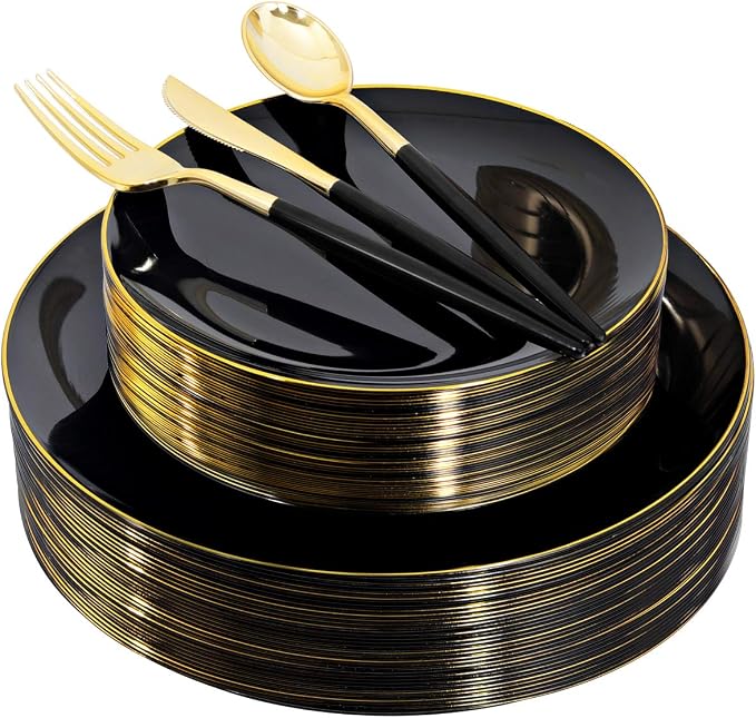 150pcs Black Plastic Plates, Black and Gold Plates,Gold Plastic Silverware,Black and Gold Dinnerware Set,Premiun Taleware,Perfect for Birthday,Party,Wedding,Anniversary