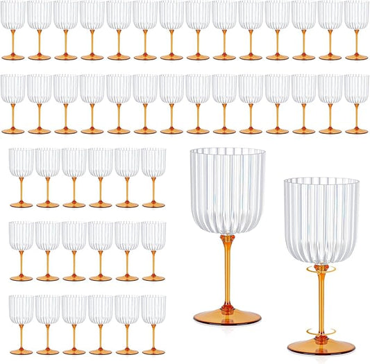 48 PCS Plastic Ribbed Wine Glasses 11oz Clear and Amber Detachable Wine Goblet Unbreakable Vintage Ripple Water Goblets Cocktail Drinking Cups for Parties Weddings Poolside Outdoors