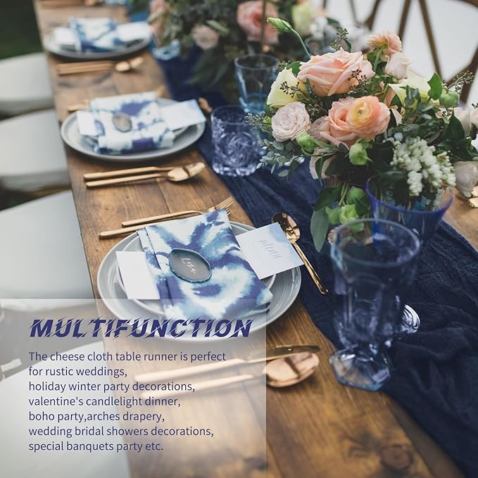 20 Pack Cheesecloth Table Runner - 17x108 Inch Navy Blue Boho Gauze Cheese Cloth Table Runners for Baby Bridal Shower Decoration Wedding Party Summer Garden Farmhouse