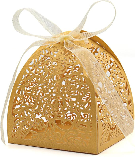 KPOSIYA Pack of 70 Laser Cut Rose Candy Boxes, Favor Boxes 2.5"x 2.5"x 3.1", Gift Boxes for Bridal Shower Anniverary Birthday Party Wedding Favor Gold (Rose box 70)