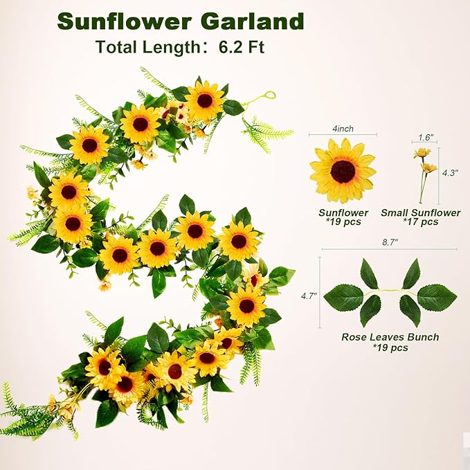 Naidiler Vibrant Full Sunflower Garland for Decoration, 6.2Ft Pretty Sunflower Vine for Wedding Baby Shower Boho Birthday Party Table Room Backdrop Décor