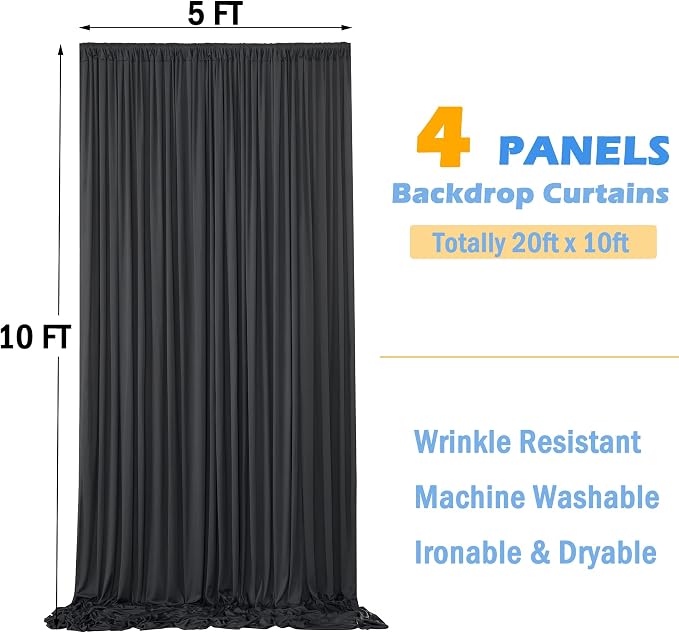 20ftx10ft Wrinkle Free Black Backdrop Curtain for Parties, 4 Panels 5x10ft Silky Polyester Photo Backdrop Drapes Back Drop Cloth Drapery for Wedding Birthday Photography Background Decor