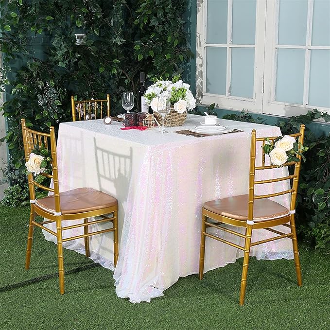 Eternal Beauty White Iridescent Tablecloth, 50x50 Inch Sequin Square Table Cover for Cake Dessert Exhibition Party Birthday Events