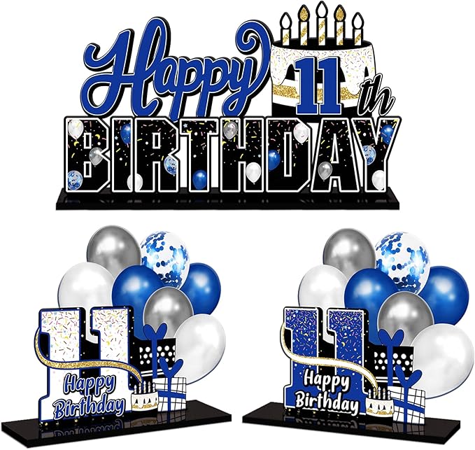 LINGTEER Happy 11th Birthday Blue Acrylic Table Topper Centerpieces Set - Cheers to Eleven Years Old Birthday 11th Bday Party Gift Decorations.
