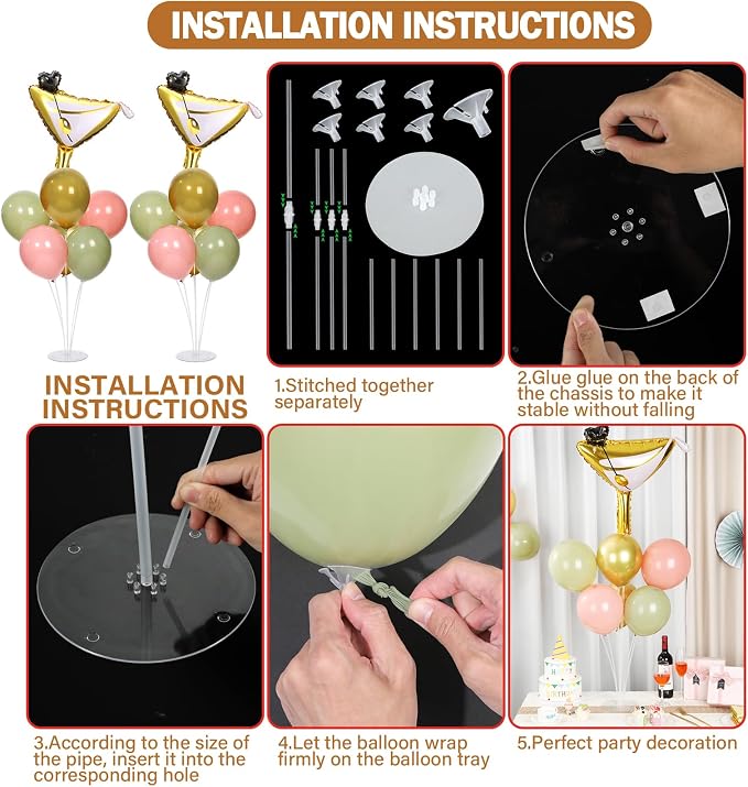 Martini Birthday Party Balloons Stand Kit 2 Sets With 2 Martini Glass Ball Foil Balloons Centerpiece for Tables for Women Girls Birthday Baby Bridal Shower Bachelorette Wedding Decorations