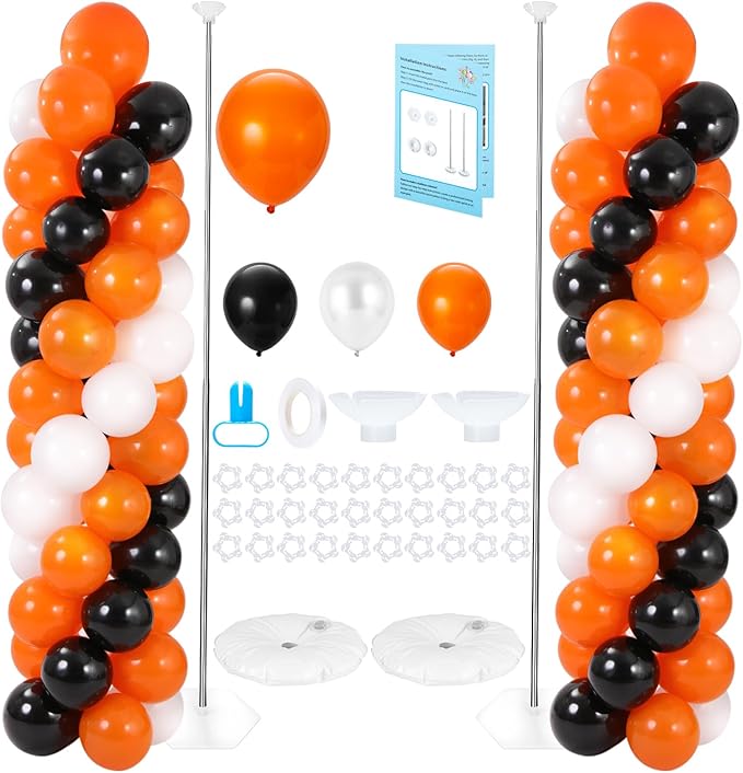 Balloon Column Stand with 102Pcs Balloons, Halloween Balloon Column Kit Set of 2, Metal Balloon Tower Stand with Base for Floor, Height Adjustable from 1.57 to 7 Ft, For Party Decorations
