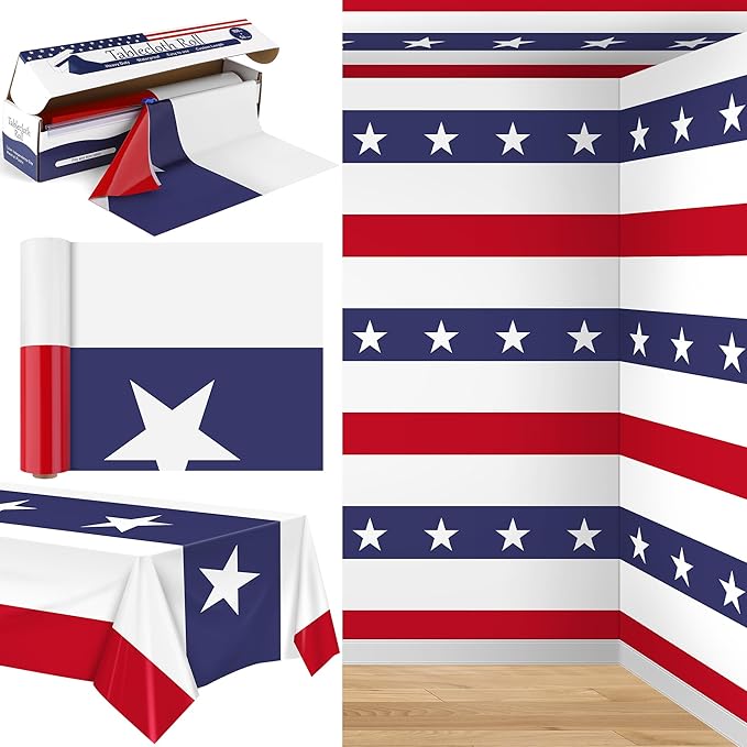 Kochorie 100 Ft x 54 Inch 4th of July Tablecloths Roll with Slide Cutter Box Patriotic Disposable Plastic Table Cover Roll Independence Day Backdrop for Memorial Day Party Supplies