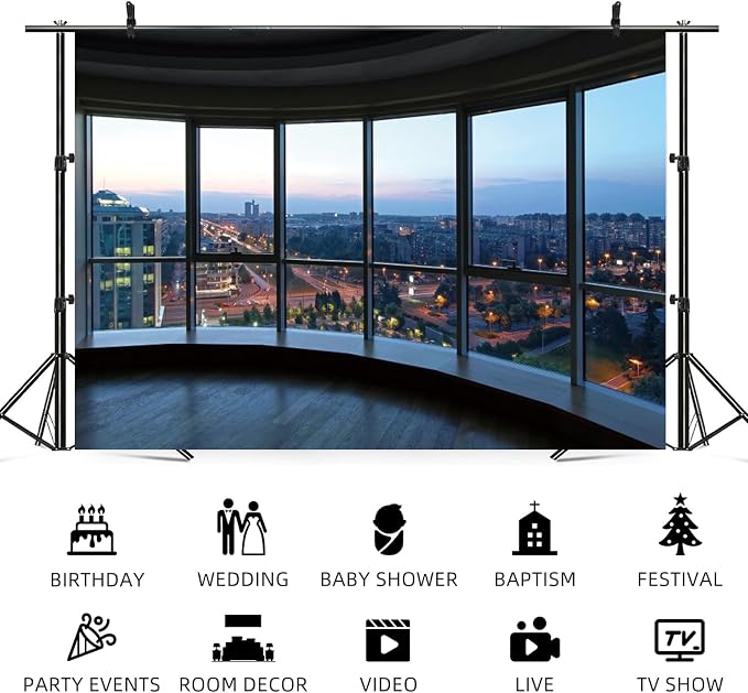 10x8ft Office Backdrop Window City View Photography Background Sunset Business Buildings Wooden Floor Online Meeting Urban Banner Decorations Video Conference Portrait Photo Booth Prop