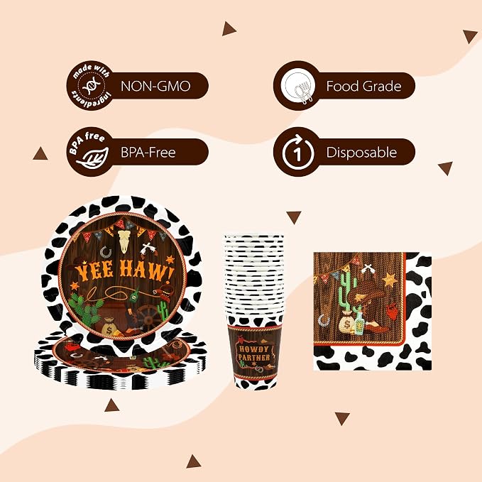 Recheel Western Birthday Party Supplies Decorations, Cowboy Wild West Theme Birthday Paper Plates and Napkins Set with Cups and Straws for 24 Guests, 120 Pcs Disposable Party Dessert Dinnerwares