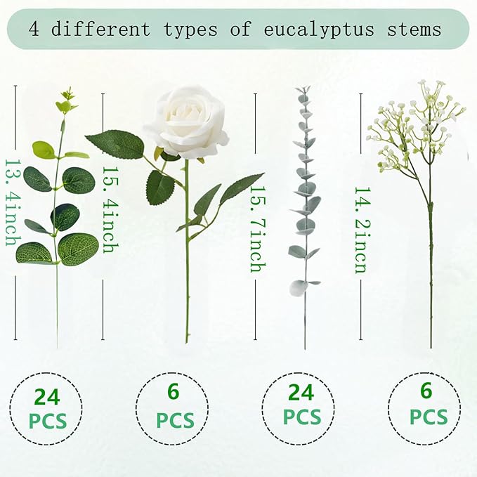 Longer Size 60pcs Mixed Artificial Green Plants with Faux Eucalyptus Stems,Greenery Stems,White Roses Wedding Florals Artificial Flowers,Eucalyptus Garland for Decor